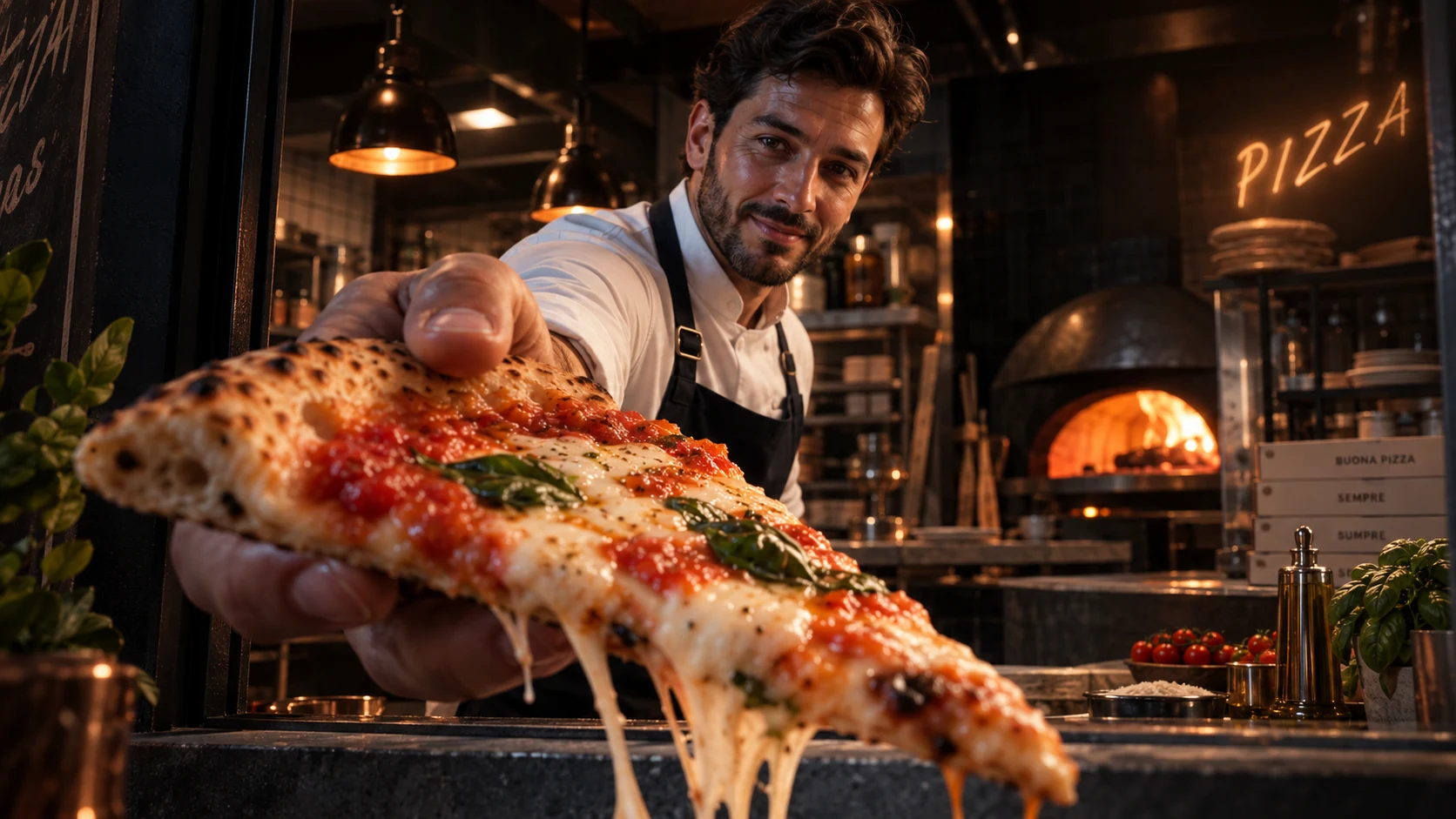Kelner podający pizzę przez okno nowoczesnej pizzerii
